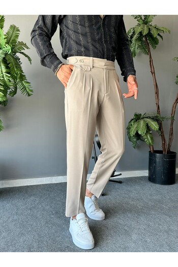 THEMANN Double Buckle Pleated Cream Italian Cut Pants