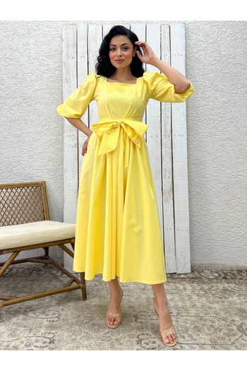 KÜÇÜĞÜM BUTİK Yellow Big Bow Square Neck Flared Poplin Dress