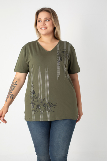 Orly More Printed Slit Cotton Women's V-Neck Plus Size T-Shirt
