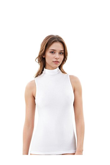 Loule Women's Clothing Modal & Cotton Zero Sleeve Turtleneck White Tank Top Ll.K66.O14.001