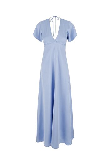 PLAIN Rochie lungă albastru deschis cu fundă la spate din material textil pentru femeie