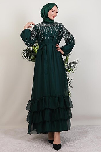 GİYZAMİLA Suna Pearl Chiffon Dress Emerald