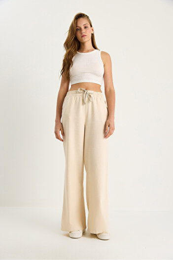 Bianco Lucci Women's Elastic Waist Pocket Detailed Linen Palazzo Trousers Yp5219 60283436