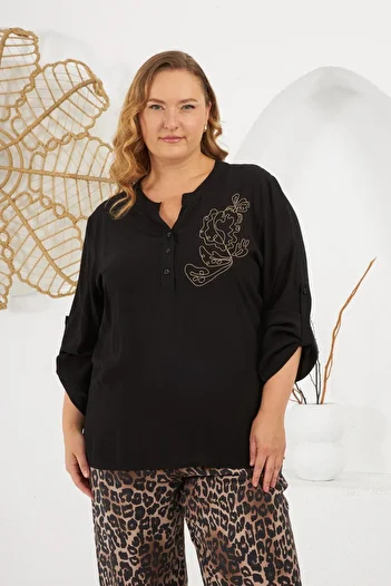 RMG Plus Size Chain Embroidered Blouse Black