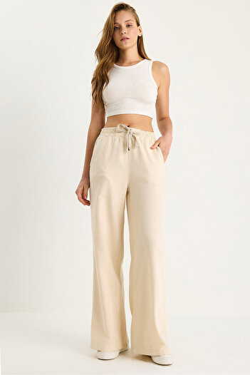 Bianco Lucci Women's Elastic Waist Pocket Detailed Linen Palazzo Trousers Yp5219 60283436