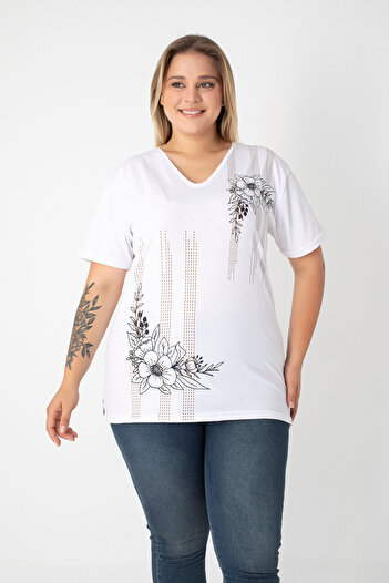 Orly More Printed Slit Cotton Women's V-Neck Plus Size T-Shirt