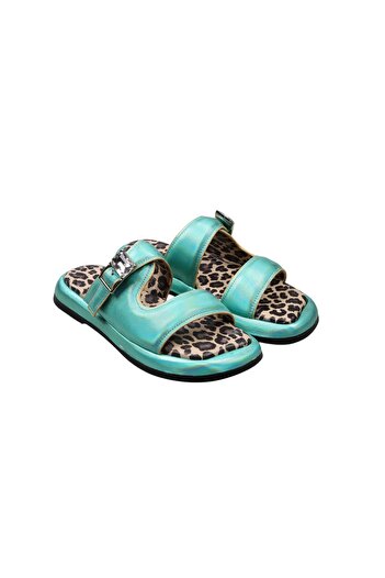 Lady Mia Noya Genuine Leather Buckle Stone Detailed Women's Slippers