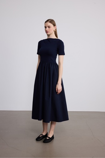 SevdeUgur Women's Maxi Length Stretchy Knitted Top and Poplin Skirt Stylish Navy Blue Dress Short Sleeve / Sevde Ugur