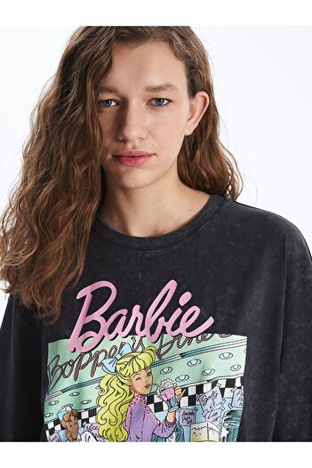 LC Waikiki Anthracite Crew Neck Barbie εμπριμέ κοντομάνικο γυναικείο μπλουζάκι μεγάλου μεγέθους