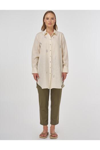 Kayra 100% Linen Hotfix Printed Tunic Cream