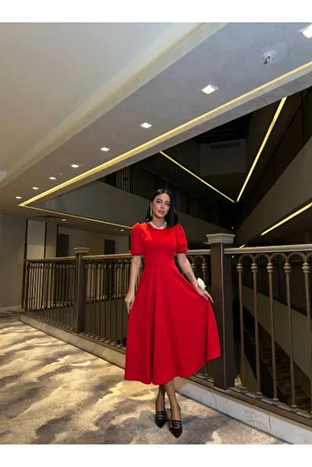 Modafeminen Red Puff-Sleeve Midi Dress 583151