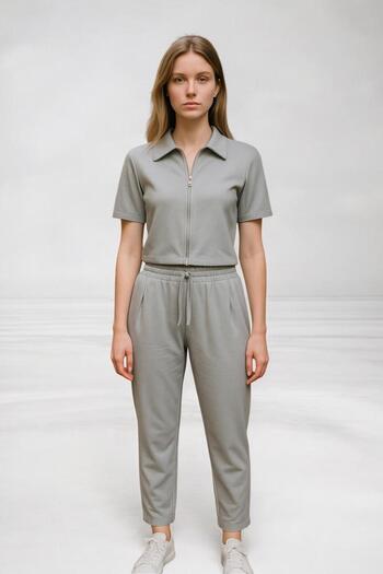 NEWCO Women's Relaxed Fit Zippered Short Sleeve Crop Elastic Tracksuit Set - Set of Two
