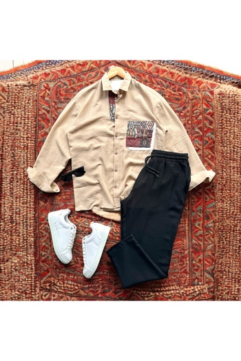 tiggirmoda Oversize Pocket Embroidered Linen Shirt and Trousers Set