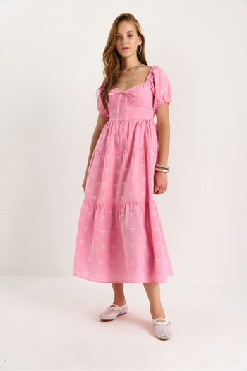 Bianco Lucci Women's Self Floral Embroidered Lined Muslin Dress 5259 60281102