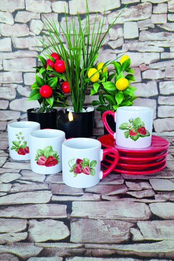 giftkonsept Strawberry Printed Red 4-Piece Porcelain Turkish Coffee Cup Set