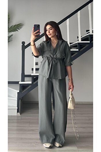 Oslove Gray Washed Tnsel Fabric Shirt-Pants Set