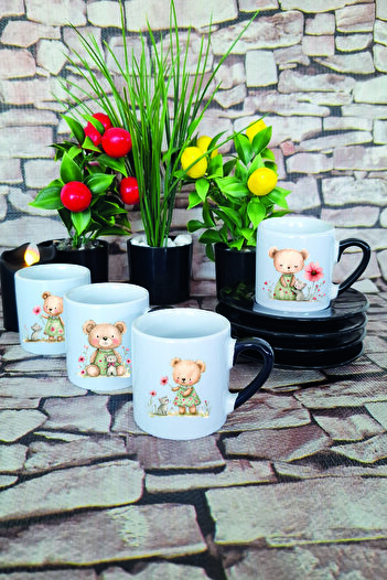 giftkonsept Cute Teddy Bear and Cat Printed Black 4-Piece Porcelain Turkish Coffee Cup Set