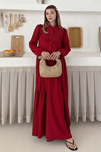Olcay Lined Dress with Ruffle and Guipure Detail on the Front Red 9322-E