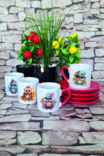 giftkonsept Cute Owls Printed Red 4-Piece Porcelain Turkish Coffee Cup Set