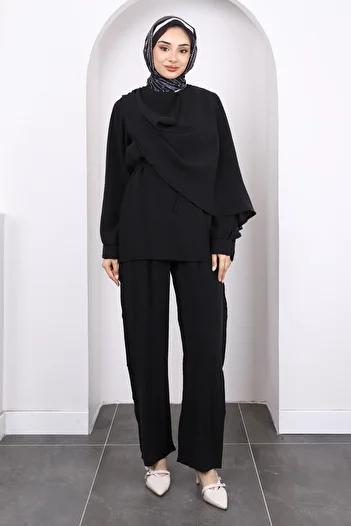 İmajButik Black Shawl Detailed Tunic Trouser Suit