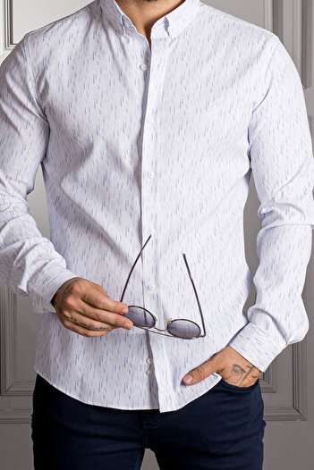 Sarar Interview Sarar Goias Collar Button Patterned Slim Fit White Blue Shirt