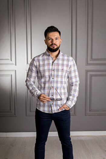 Sarar Interview Sarar Goias Button Collar Plaid Pattern Cotton Linen Navy Blue Coffee Shirt
