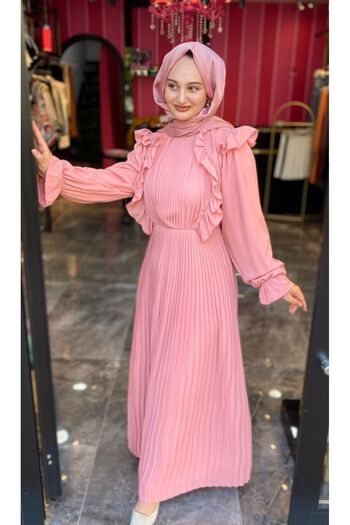 PRENSES ŞAL PEMBE PİLİSELİ ELBİSE