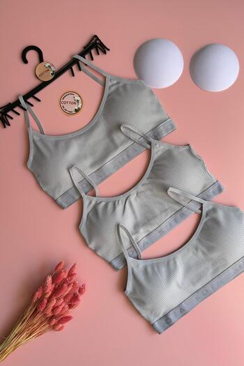 Elosia Snea |   Camisole 3-Piece Padded Cotton Gray Color Strap Women's Bra-Singlet