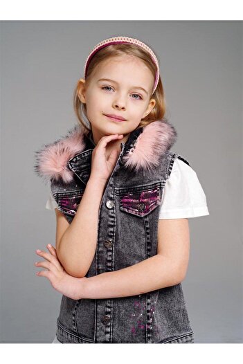 Marka Sensin Kids Girl's Back Hand Painted Sheepskin Denim Vest