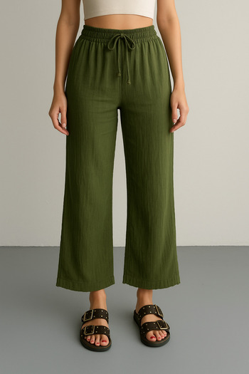 Palal Summer Lightweight Muslin Fabric Green Women's Pants - Pockets and Elastic Waist
