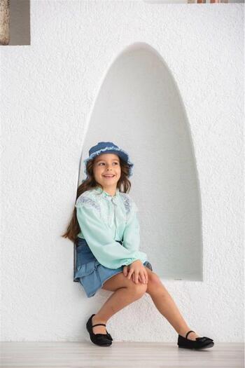 Marka Sensin Kids Girls' white lace collar colorful blouse ruffled jeans salopet skirt hat 3-piece set