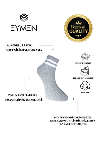 Eymen Socks 6'lı Ekonomik Kısa Rahat Fitilli Kolej Çemberli Tenis Çorabı Gri - Erkek Kadın Için Uygun