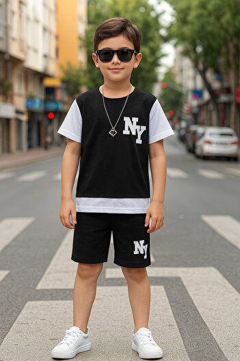 LePold Boy's Garnished Ny Printed Children's Shorts Suit 6 - 15 Years White Black