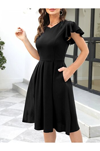 buğrahayalin Women's Butterfly Sleeve Crew Neck Pleated Imported Crepe Dress
