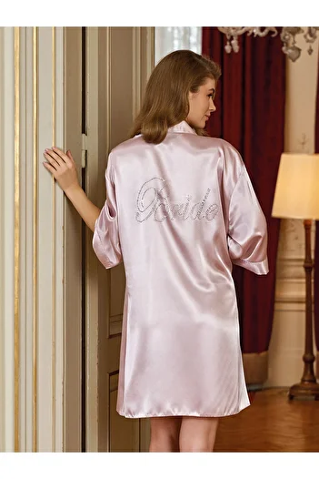 QKK Women's Satin Powder Bride Stone Embroidered Dressing Gown Q6N4K1R1Kkt