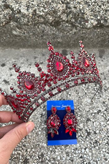 Hobigram Eveline Burgundy Crown Three Shuttle Earring Set – Henna Engagement Wedding Evening Dress Accessory Set