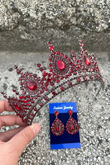 Hobigram Eveline Burgundy Crown Drop Shuttle Earring Set – Henna Engagement Wedding Evening Dress Accessory Set