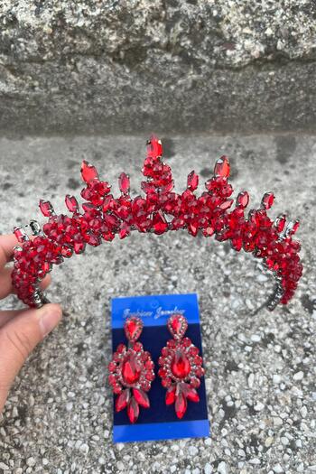 Hobigram Thalia Crown Three Shuttle Earrings Set Red – Sparkling Evening Dress Accessory with Stones for Bridal Henna Wedding