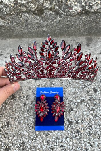 Hobigram Madeline Bridal Set – Burgundy Crown and Thin Shuttle Earrings Set, Henna Wedding Accessory