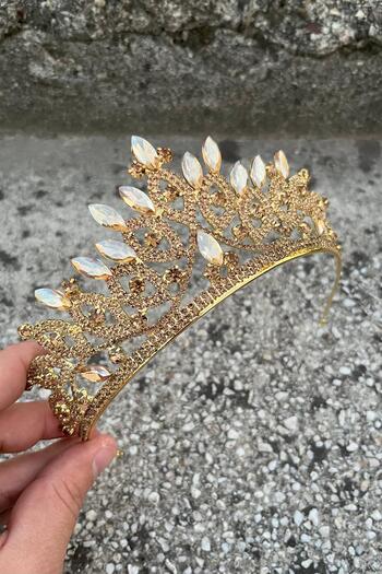 Hobigram Grace Gold Crown – Sparkling Stone Bridal Henna Crown, Wedding Evening Dress Accessory Model