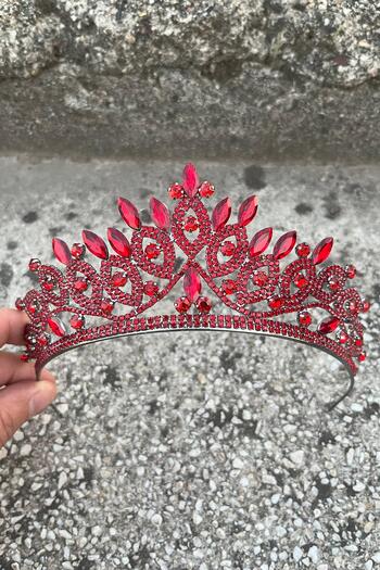 Hobigram Grace Red Crown – Sparkling Stone Bridal Henna Crown, Wedding Evening Dress Accessory Model