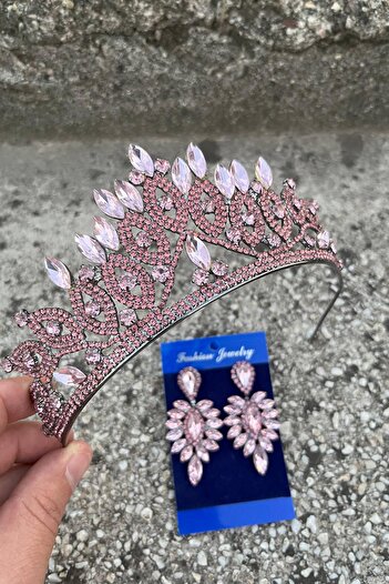 Hobigram Grace Pink Bridal Crown and Thin Shuttle Earrings Set – Wedding Evening Dress Accessory with Stones
