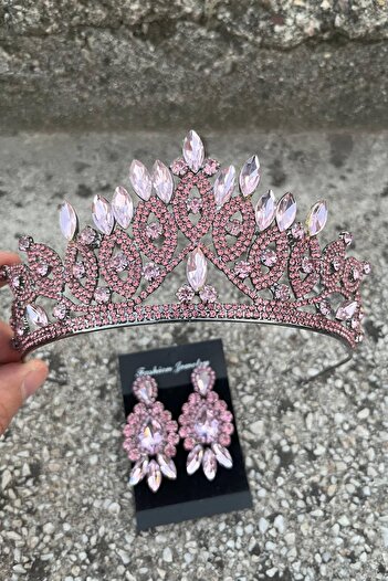 Hobigram Σετ Grace Pink Bride Crown και Three Shuttle Earrings – Αξεσουάρ για νυφικό βραδινό φόρεμα με πέτρες