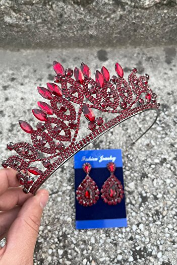 Hobigram Grace Burgundy Bridal Crown and Drop Shuttle Earring Set – Wedding Evening Dress Accessory with Stones