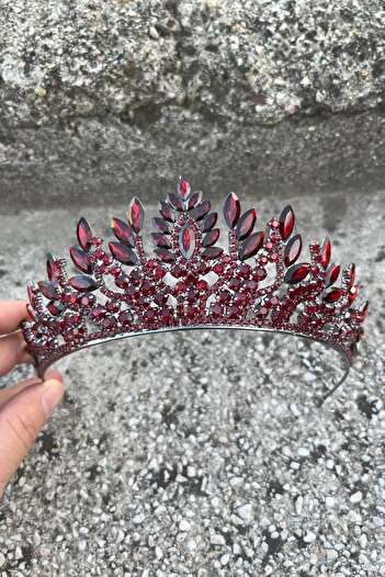 Hobigram Madeline Burgundy Evening Dress Crown – Wedding Henna Engagement Crown with Stones, Bridal Accessory Model