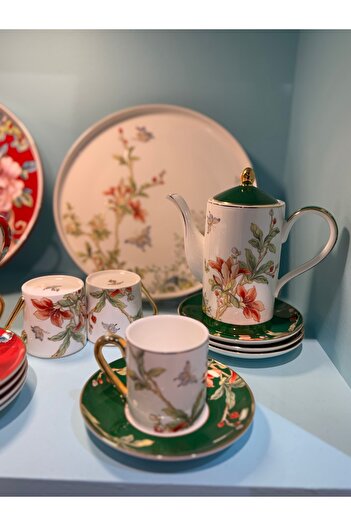 hediye Esterhomedecor Set of 4 Porcelain Coffee Cups with Tray Green