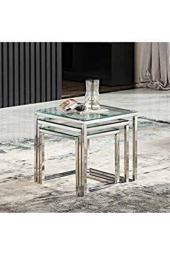 private house Set of 3 silver stainless steel serving tables