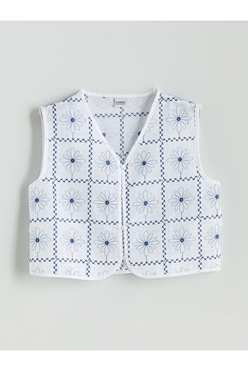 LC Waikiki White V-Neck Floral Girl's Vest