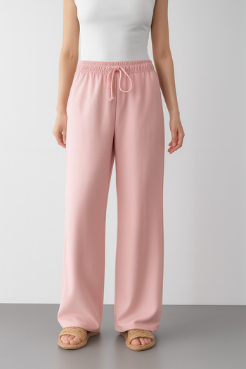 My Blog Pink Elastic Waist Linen Straight Trousers