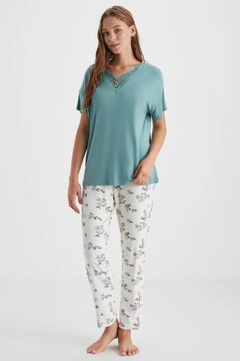 Catherine's Women's Green Lace Collar Pajamas Set – Viscose, Short Sleeve, Summer C9T0N72